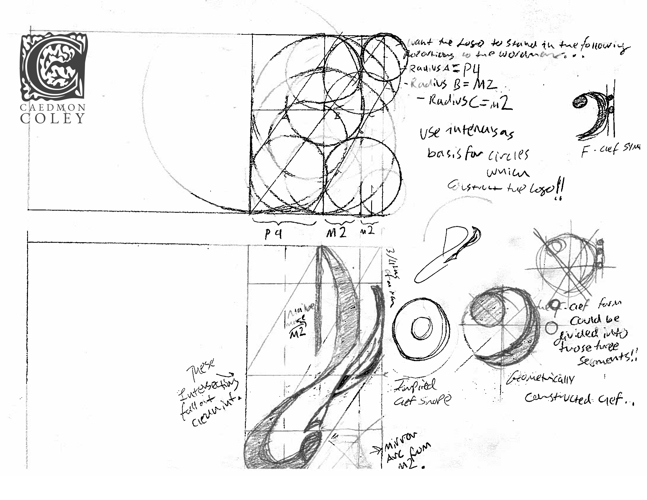 A sheet of early sketches working out the proportions of the quill and the G clef.
