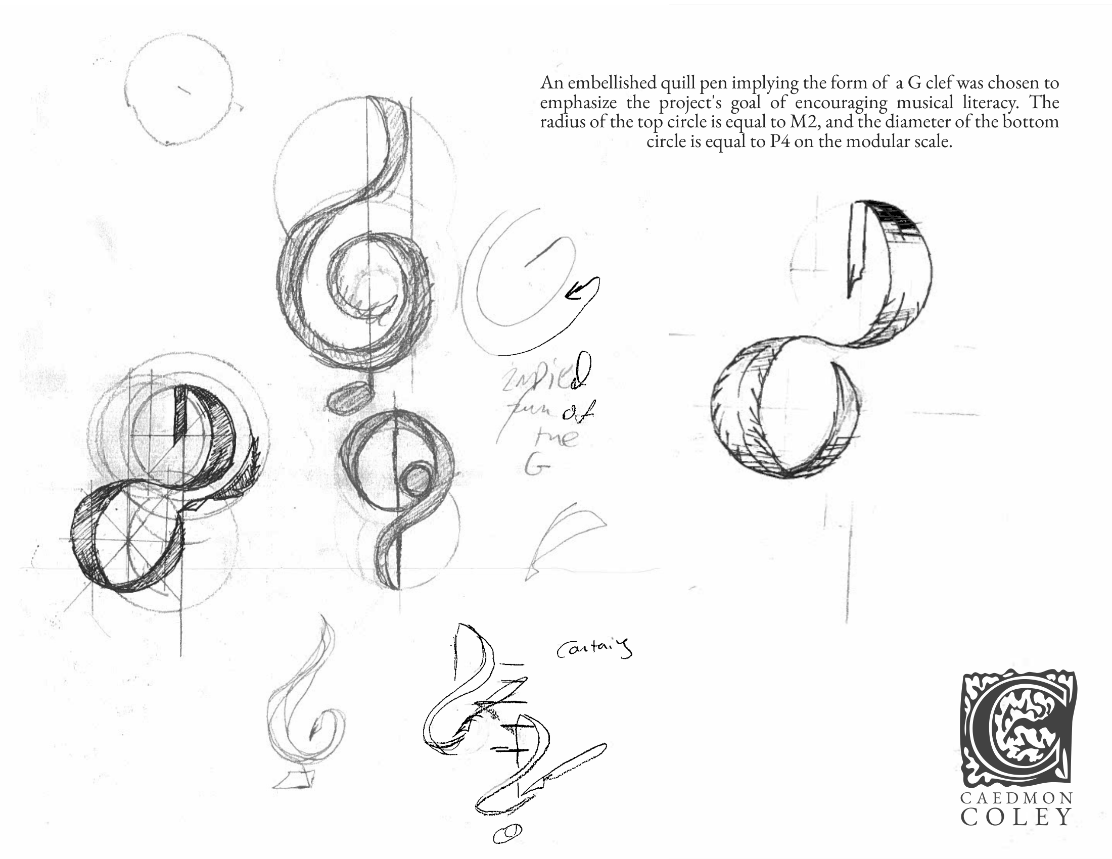 A second sheet of sketches refining the wordmark and the mark.