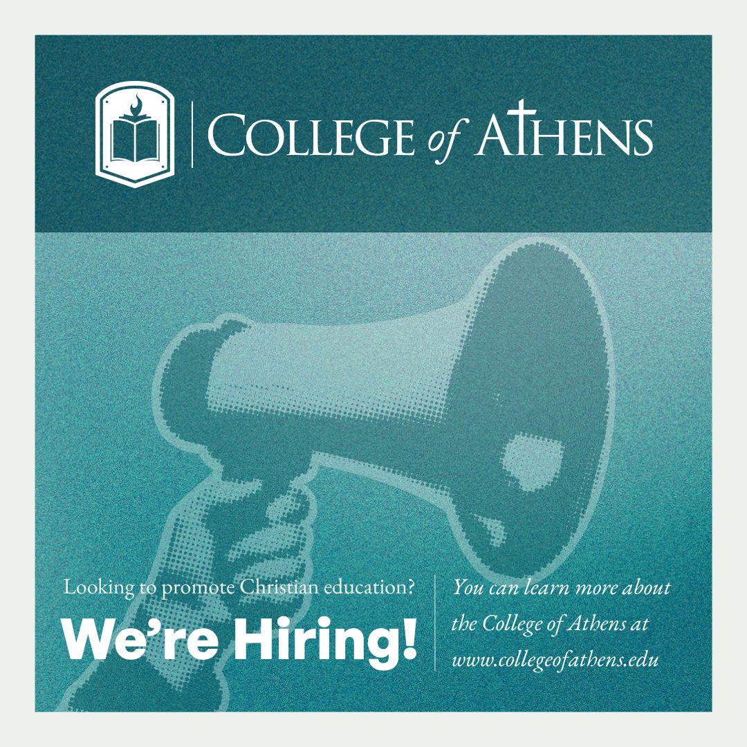 College of Athens recruitment graphic: a halftone megaphone on a teal field, announcing open positions.