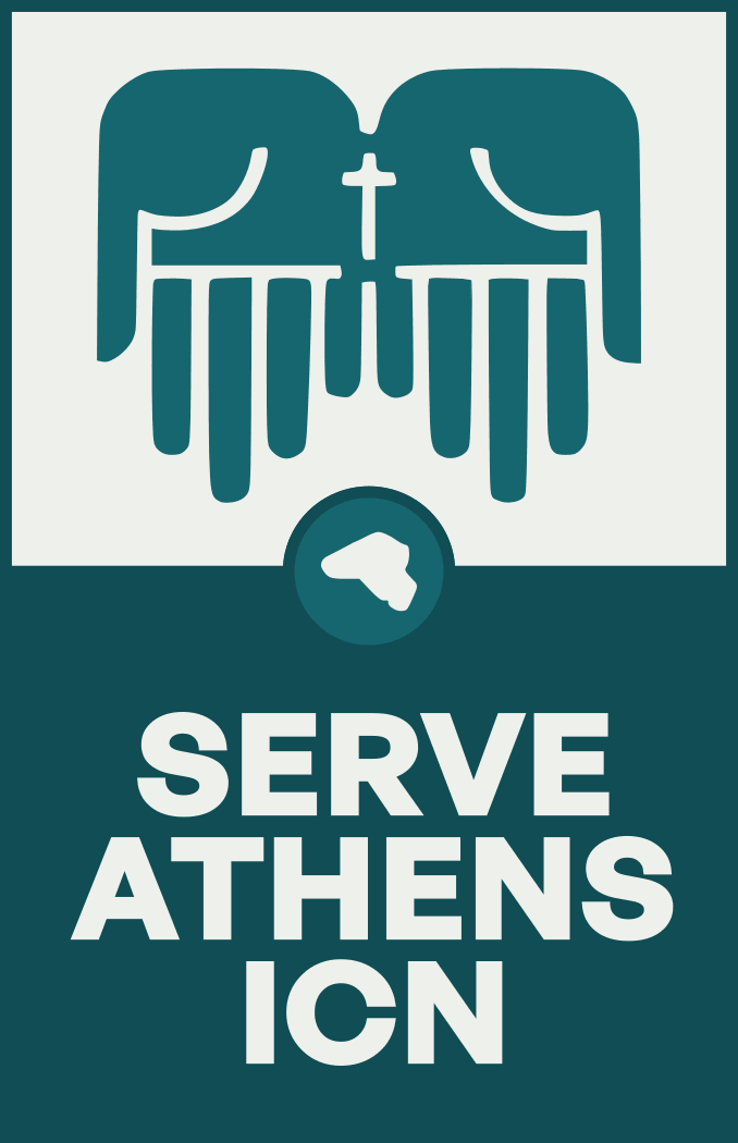 Serve Athens poster: praying hands bearing a cross on a teal field.