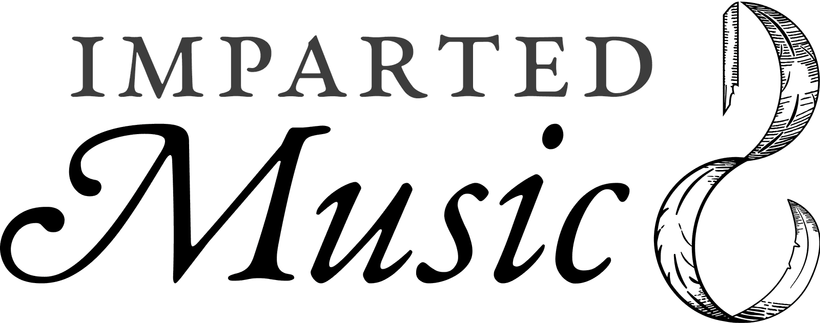 Imparted Music wordmark: letterspaced capitals over a calligraphic italic, closed by an engraved quill in the form of a G clef.