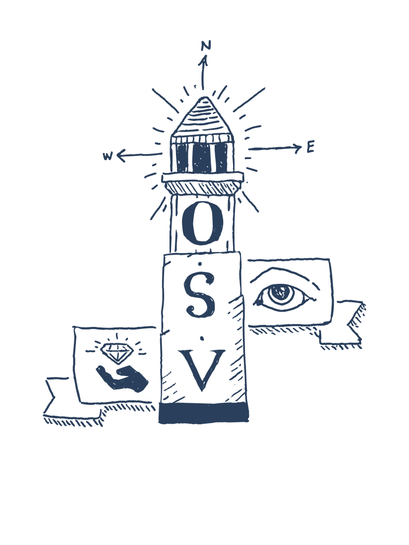 Pharos mark: a hand-drawn lighthouse tower with compass arrows, a radiant lantern, and banners bearing an eye and a jewel held in a hand.