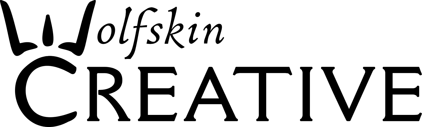 Wolfskin Creative wordmark: a calligraphic Wolfskin over roman capitals reading Creative.